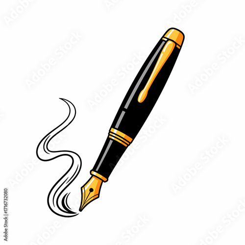 Black and gold fountain pen illustration with an elegant flowing ink trail, embodying the timeless art of writing, education, literature, and sophisticated communication