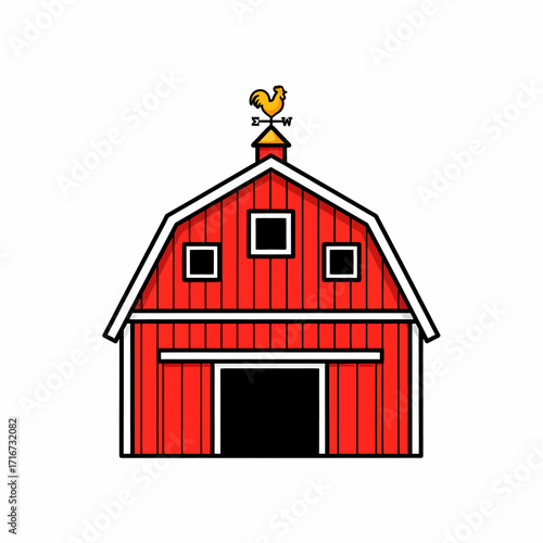 Conceptual vector illustration of a classic American red barn with a rooster weather vane, symbolizing farming and rural life
