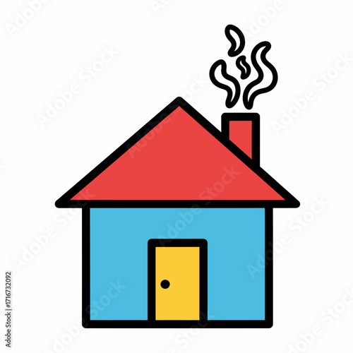A vibrant, minimalistic cartoon illustration of a cozy house with a chimney emitting smoke, representing warmth, comfort, and the concept of home and shelter