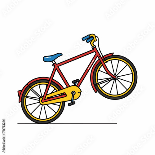 Dynamic and playful cartoon illustration of a vibrant red bicycle performing an exciting wheelie, symbolizing balance, freedom, and joyful motion