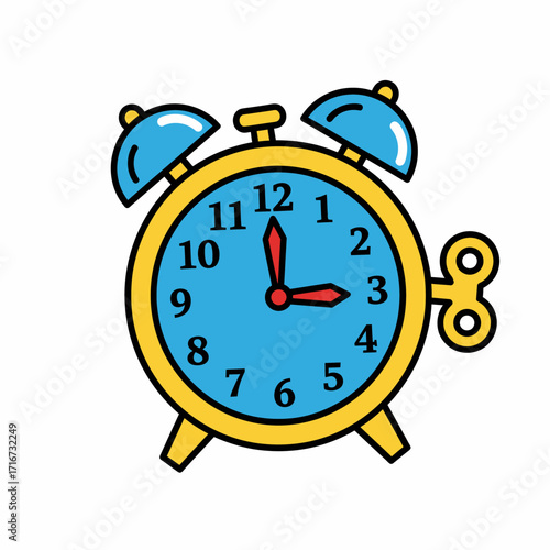 A retro-style alarm clock with a bright blue face, yellow accents, and a classic wind-up key on the side, indicating it's time to wake up