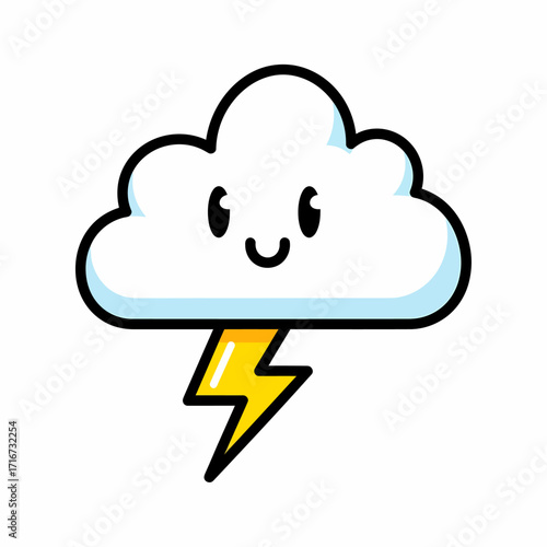 Cute cartoon smiling cloud with a yellow lightning bolt illustration, perfect for weather forecasts, playful designs, and children's content