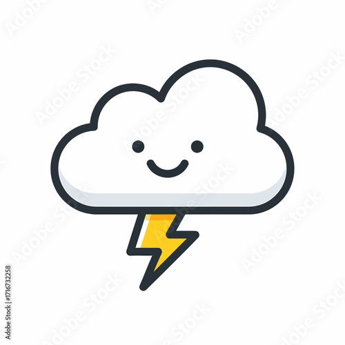 Cartoon Cloud with a Smiling Face and Lightning Bolt, Weather Icon Illustration