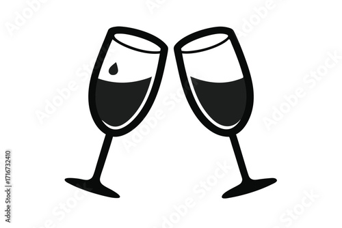 Two Wine Glasses Clinking with Liquid, Black and White Celebration Graphic Silhouette Icon