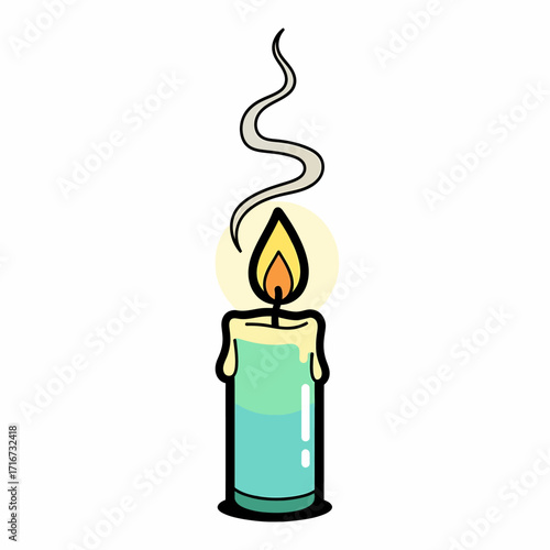 Vivid cartoon illustration of a lit candle with a glowing flame and wispy smoke, symbolizing warmth, tranquility, and ambient light for cozy settings or peaceful moments