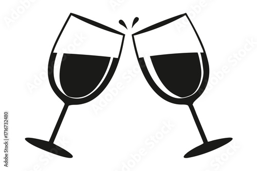 Elegant Black Silhouette of Two Wine Glasses Toasting with Spilled Drops