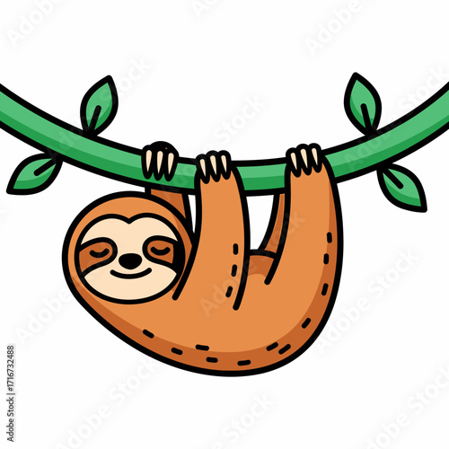 Vector illustration of a cute and sleepy sloth clinging to a tropical vine with a serene and happy expression on its face