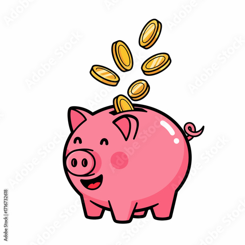 A cheerful pink piggy bank illustration with golden coins dropping in, symbolizing successful savings, personal finance management, and economic growth