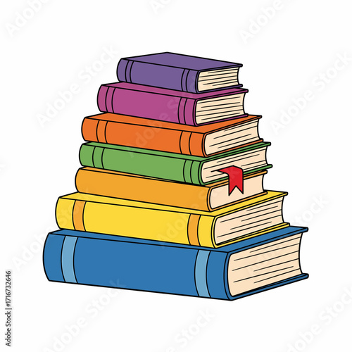 Hand-drawn vector illustration of a tall stack of colorful hardcover books with a red bookmark, symbolizing knowledge, education, and literature