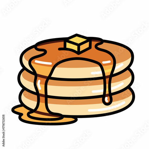 A delicious stack of fluffy pancakes with melting butter and dripping maple syrup, a classic breakfast food illustration isolated on a white background