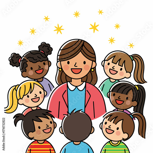 Inspiring teacher surrounded by a diverse group of happy children in a joyful learning environment, fostering education and community engagement through positive interaction and mentorship