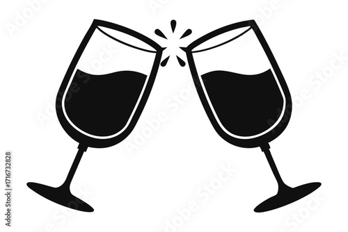Black Silhouette of Two Wine Glasses Toasting With Liquid Splashing, Vector Graphic
