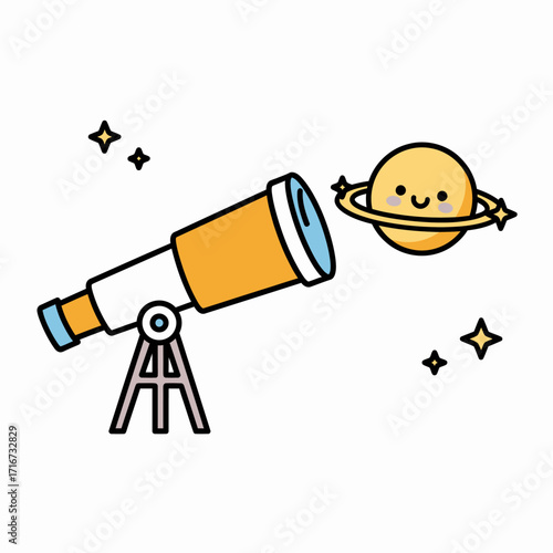 Whimsical Telescope Gazing at Happy Saturn Cartoon Illustration
