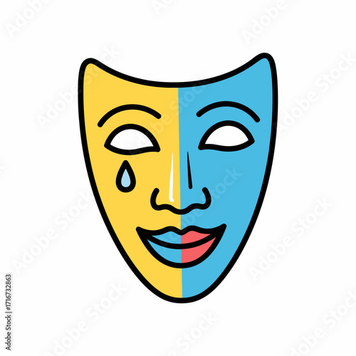 Colorful illustration of a theatrical mask with one side sad and the other happy