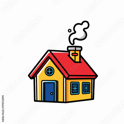 Charming and colorful cartoon house illustration, featuring a bright red roof, yellow walls, blue door, and smoke rising from the chimney, symbolizing a cozy and welcoming home