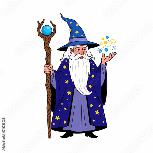 Charming illustration of a powerful sorcerer featuring a flowing white beard, a mystical blue pointed hat, and a magical staff, conjuring vibrant magic