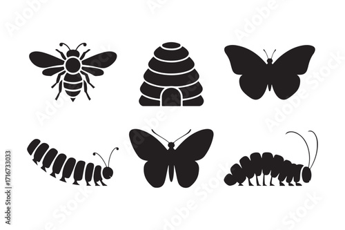 Silhouettes of insects and a beehive on a white background
