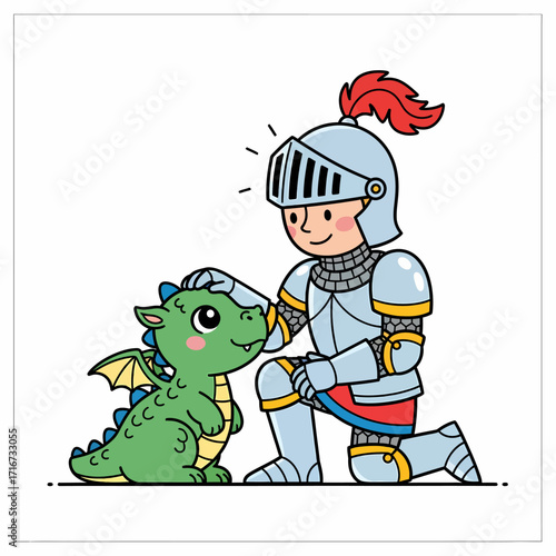 Whimsical vector illustration depicting a gentle knight kneeling to pet a cute and friendly little dragon