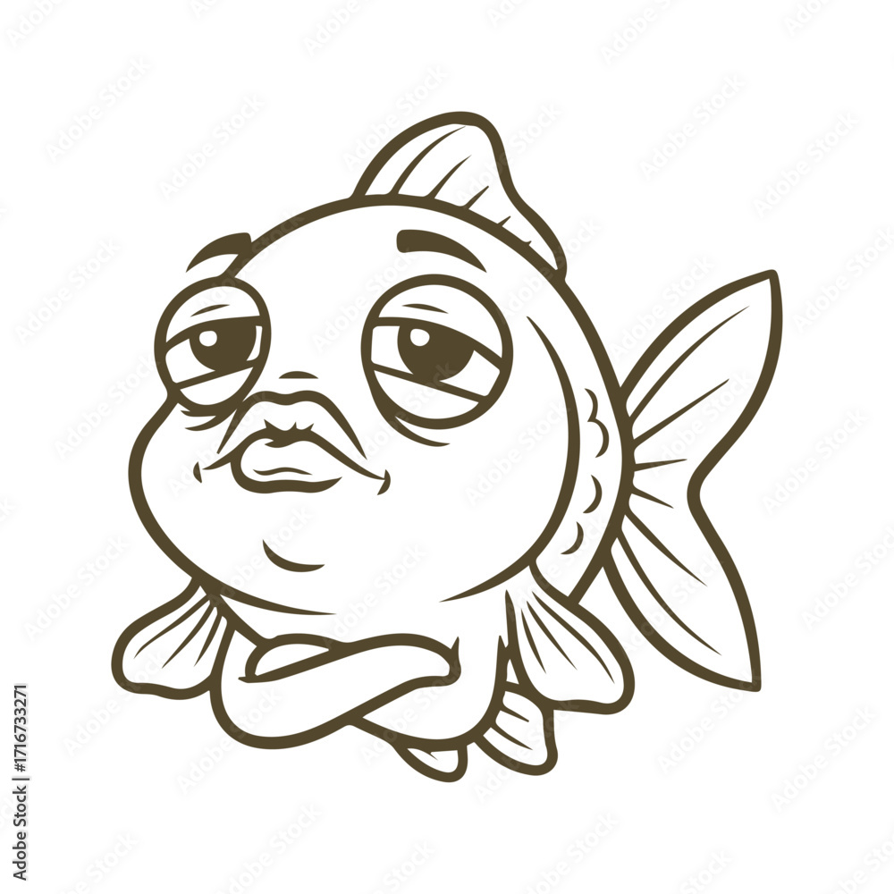 Obraz premium Cartoon goldfish with a grumpy and tired expression arms crossed