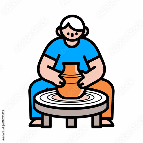 Simple flat illustration of a potter working with clay on a wheel. Concept of handmade ceramics, art, and creative workshops