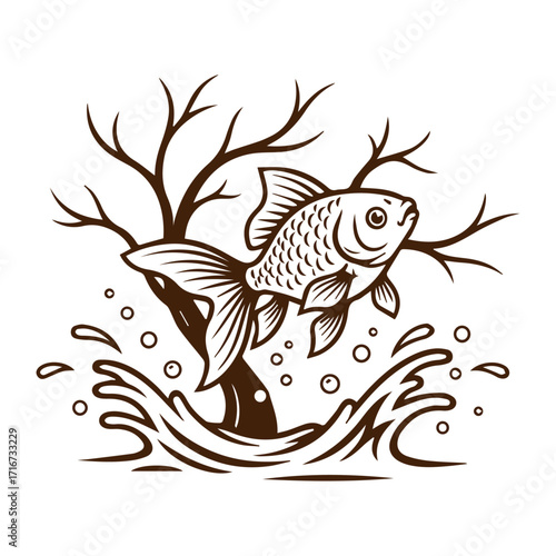Whimsical illustration of a goldfish leaping from stylized water near a bare tree