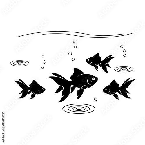 Stylized black goldfish swimming in a simple outline of a fishbowl with bubbles and decorative elements