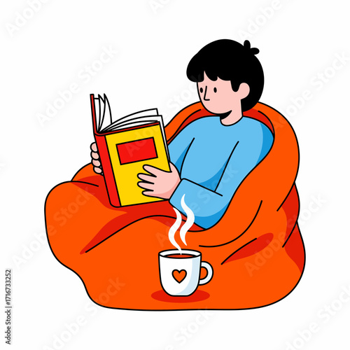 Cozy Reading Time Person Relaxing in Bean Bag Chair with Book and Warm Drink