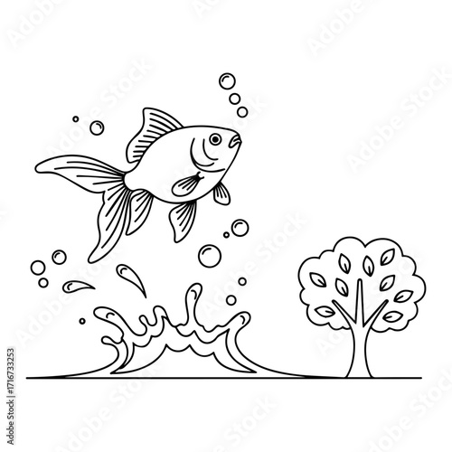 Whimsical illustration of a goldfish leaping out of water near a stylized tree