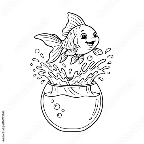 Happy cartoon goldfish leaping joyfully out of its fishbowl with splashing water