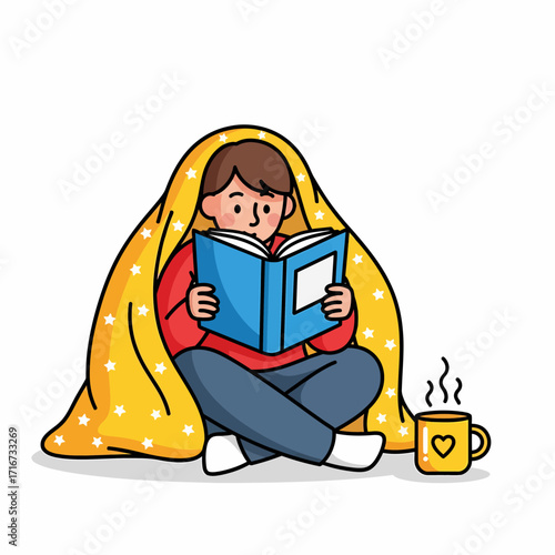Embracing the warmth and comfort of a starry yellow blanket while engrossed in a good book, accompanied by a hot beverage for ultimate relaxation