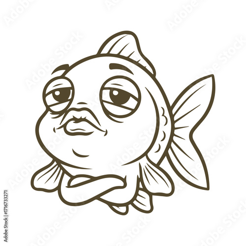 Cartoon goldfish with a grumpy and tired expression arms crossed