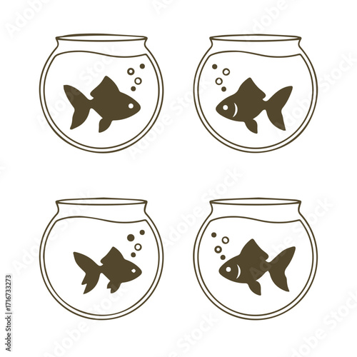 Four cartoon goldfish swimming in separate round glass fish bowls with bubbles