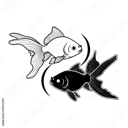 Yin yang symbol formed by two contrasting goldfish swimming in opposite directions in a stylized artistic drawing