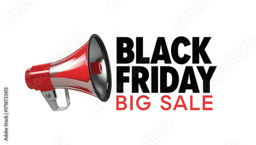 A red and silver megaphone announcing a big sale against a stark black background advertisement