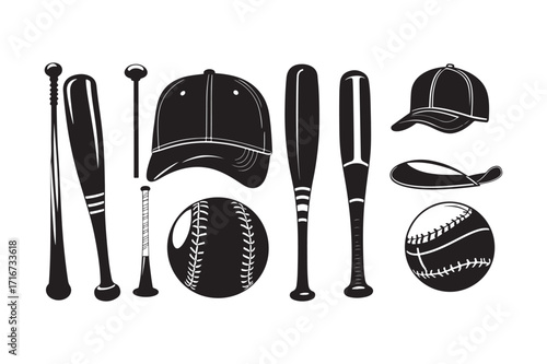 Vintage baseball equipment illustration with bats balls and caps