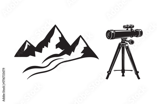 Mountain landscape with telescope and tripod illustration