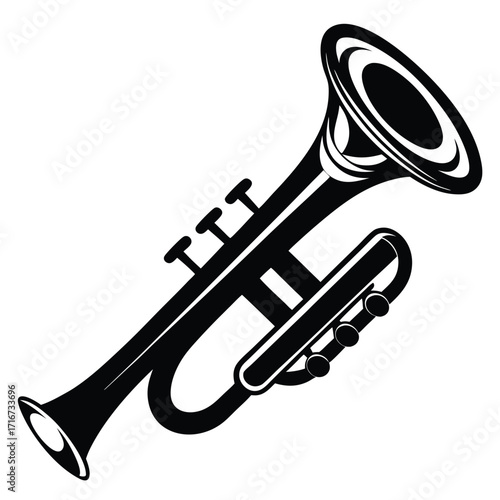 Elegant black and white line art illustration featuring a classic trumpet musical instrument