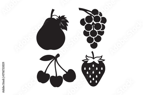 Silhouettes of four different fruits including pear grapes cherries and strawberry