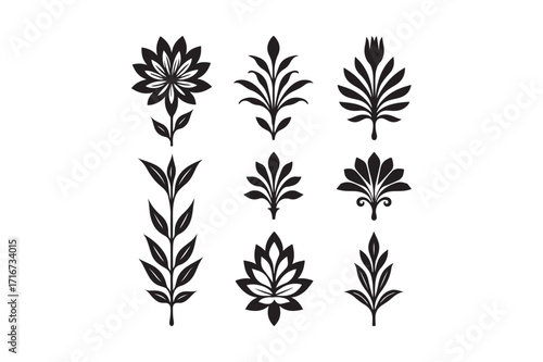 Collection of nine stylized black floral and leaf silhouettes