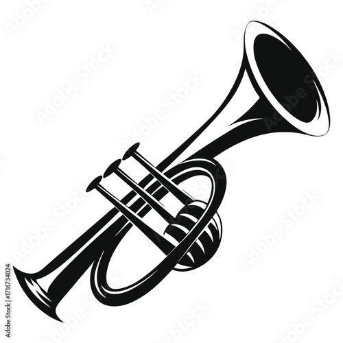 Black and White Illustration of a Trumpet with Valves and a Bell Design