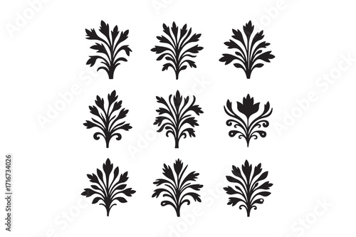 Collection of nine black floral ornamental motifs on a white background
