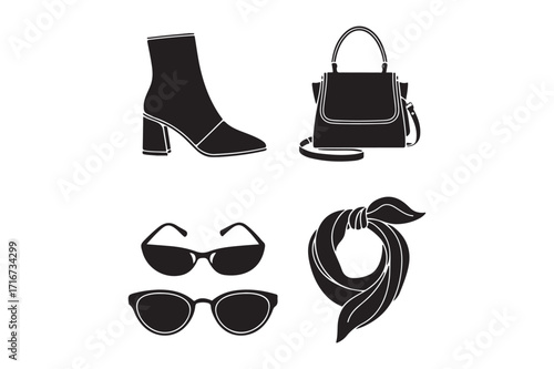 Fashion accessories silhouette collection featuring boots bag sunglasses and scarf