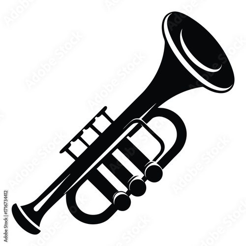 Stylized Black Silhouette Illustration of a Trumpet Musical Instrument with Valves and Bell