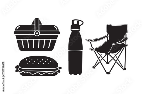 Picnic and camping essentials silhouette icons