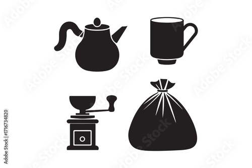 Vintage coffee making set silhouette icons