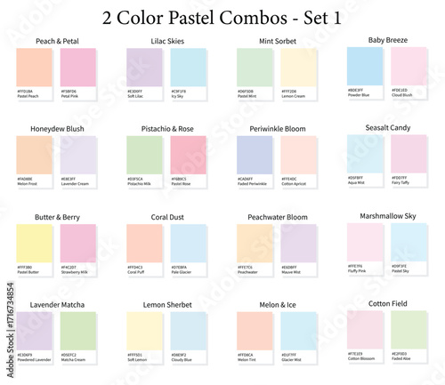 Pastel 2 Color Combinations Palettes Set 1 - 16 Combos 3d Light Faded, Vintage Tones - with HEX Codes and Names, Colour Palette, Schemes