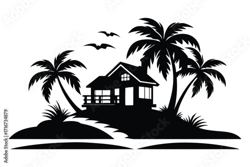 Black Silhouette of Beach House on Island with Palm Trees and Birds Flying