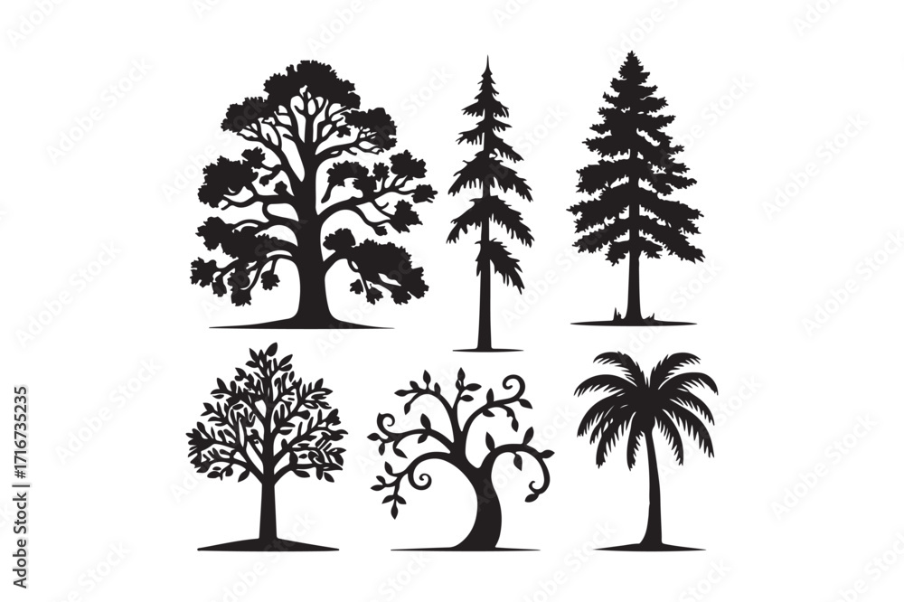Fototapeta premium Collection of diverse tree silhouettes in black and white