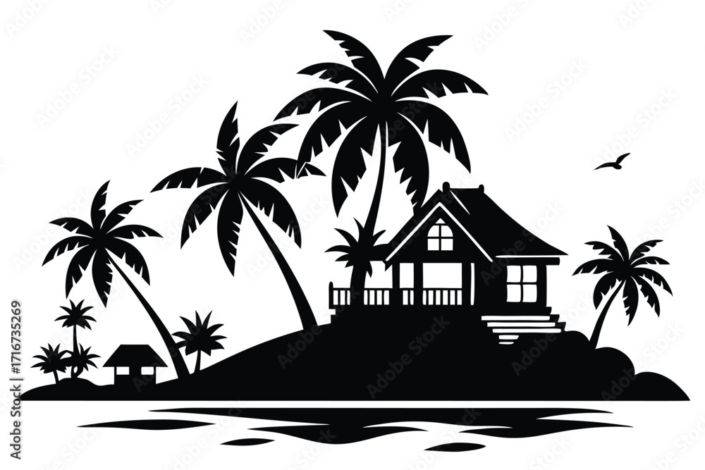 Obraz premium Black Silhouette Illustration of Tropical Island with Palms, Cabin, and Ocean View Scene