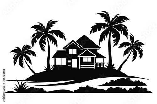 Black Silhouette of House with Palm Trees on Tropical Island Illustration